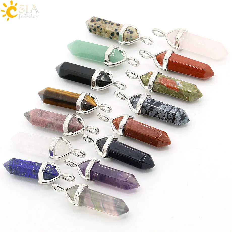 CSJA 1PC Labradorite Pendants Natural Crystal Stone Pendulum for Necklace Hexagonal Point Spectrolite Reiki Jewellery F395