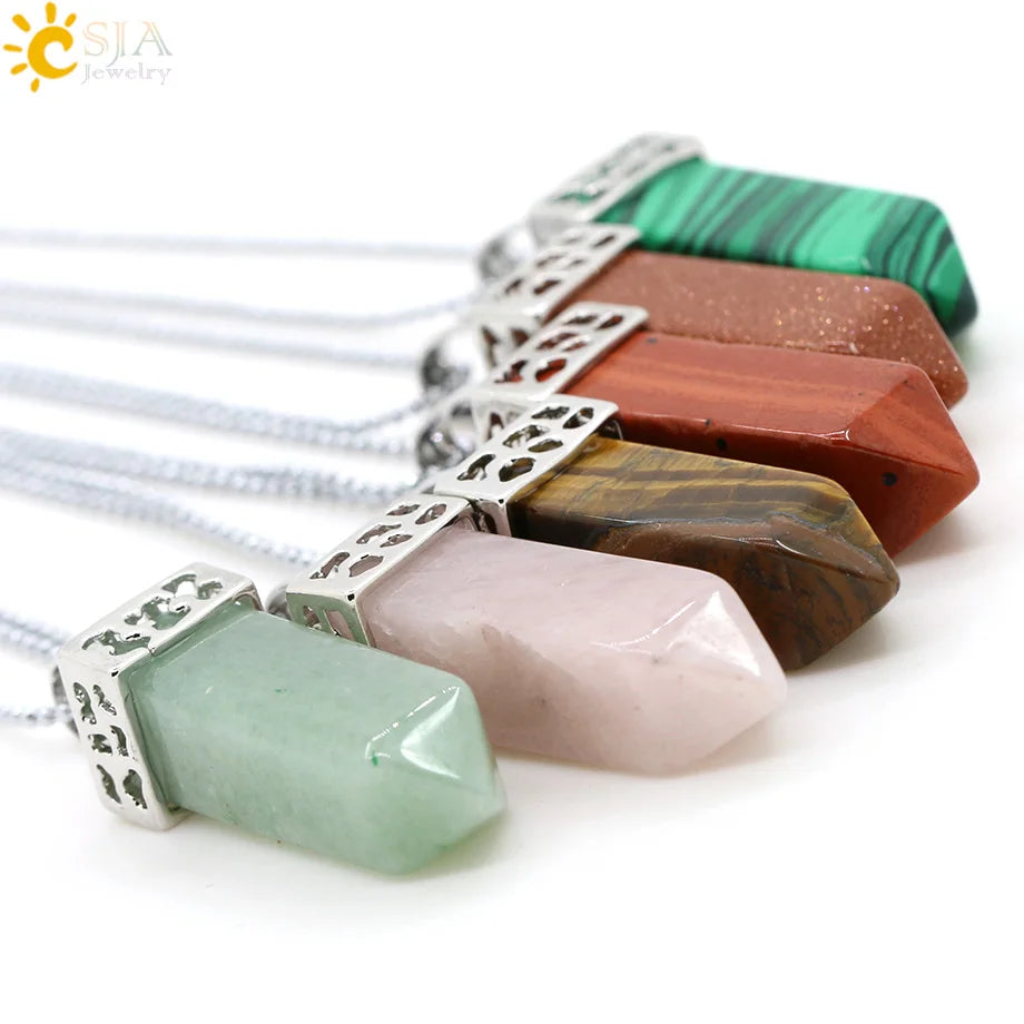 CSJA 1PC Labradorite Pendants Natural Crystal Stone Pendulum for Necklace Hexagonal Point Spectrolite Reiki Jewellery F395