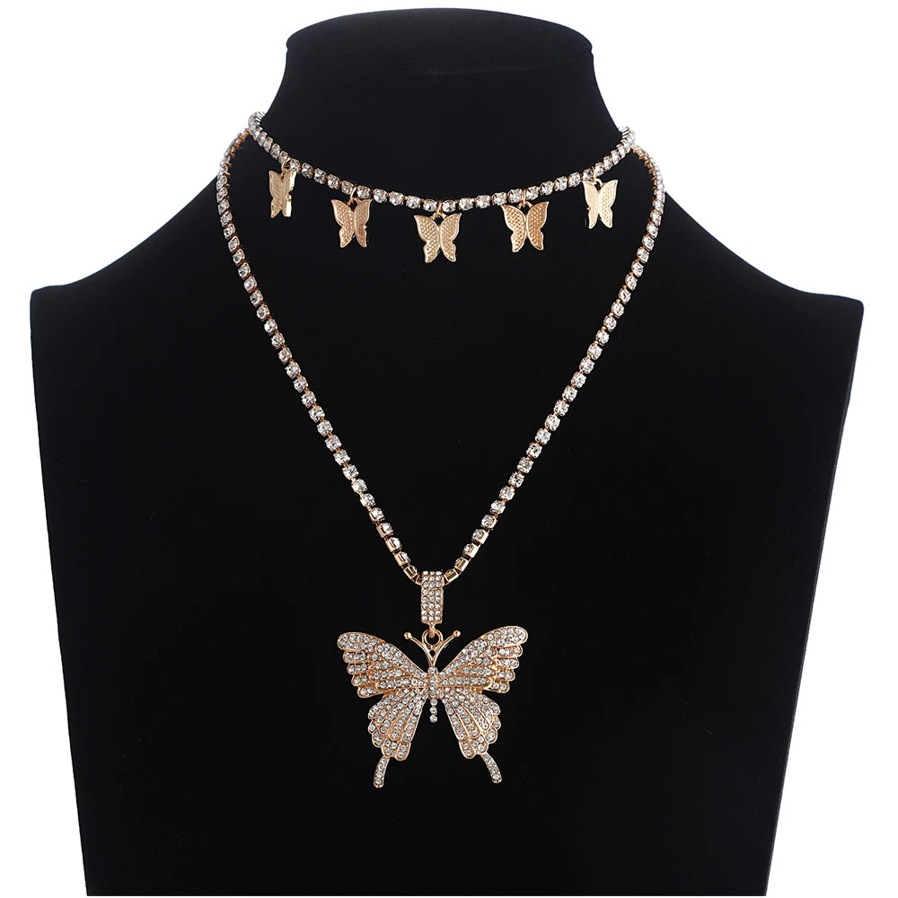 Layered Butterfly Necklace Chain Set Luxury Rhinestones Choker Women Jewellery Pendant Statement Fashion Jewelry Bulk Wholesale