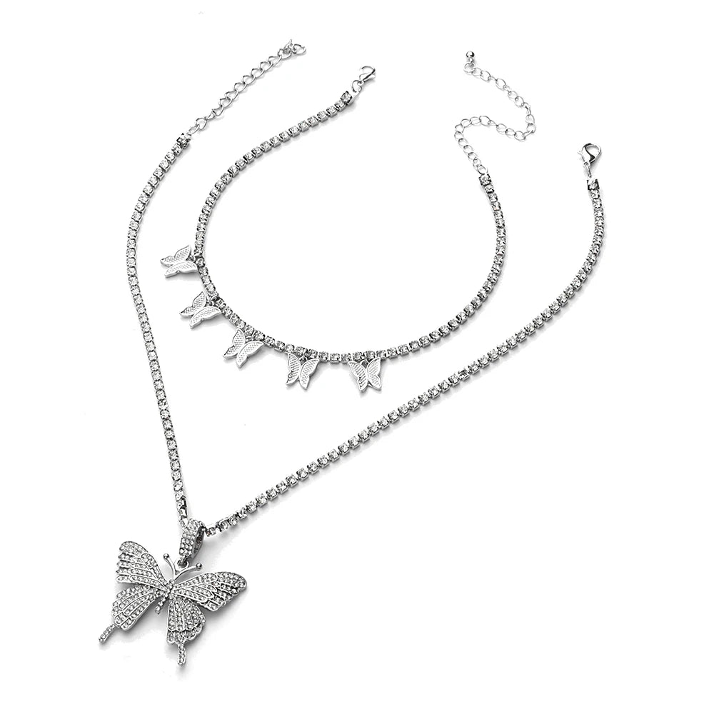 Layered Butterfly Necklace Chain Set Luxury Rhinestones Choker Women Jewellery Pendant Statement Fashion Jewelry Bulk Wholesale