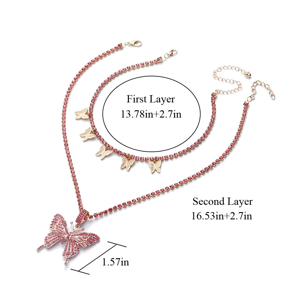 Layered Butterfly Necklace Chain Set Luxury Rhinestones Choker Women Jewellery Pendant Statement Fashion Jewelry Bulk Wholesale