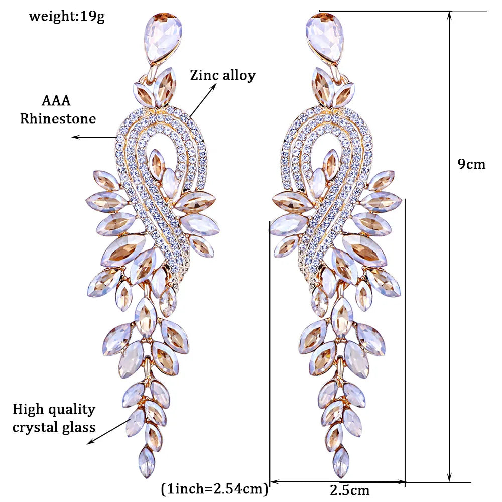 Bridal jewellery Luxury crystal leaf large earrings long drop earrings for women wedding party jewelry accessory