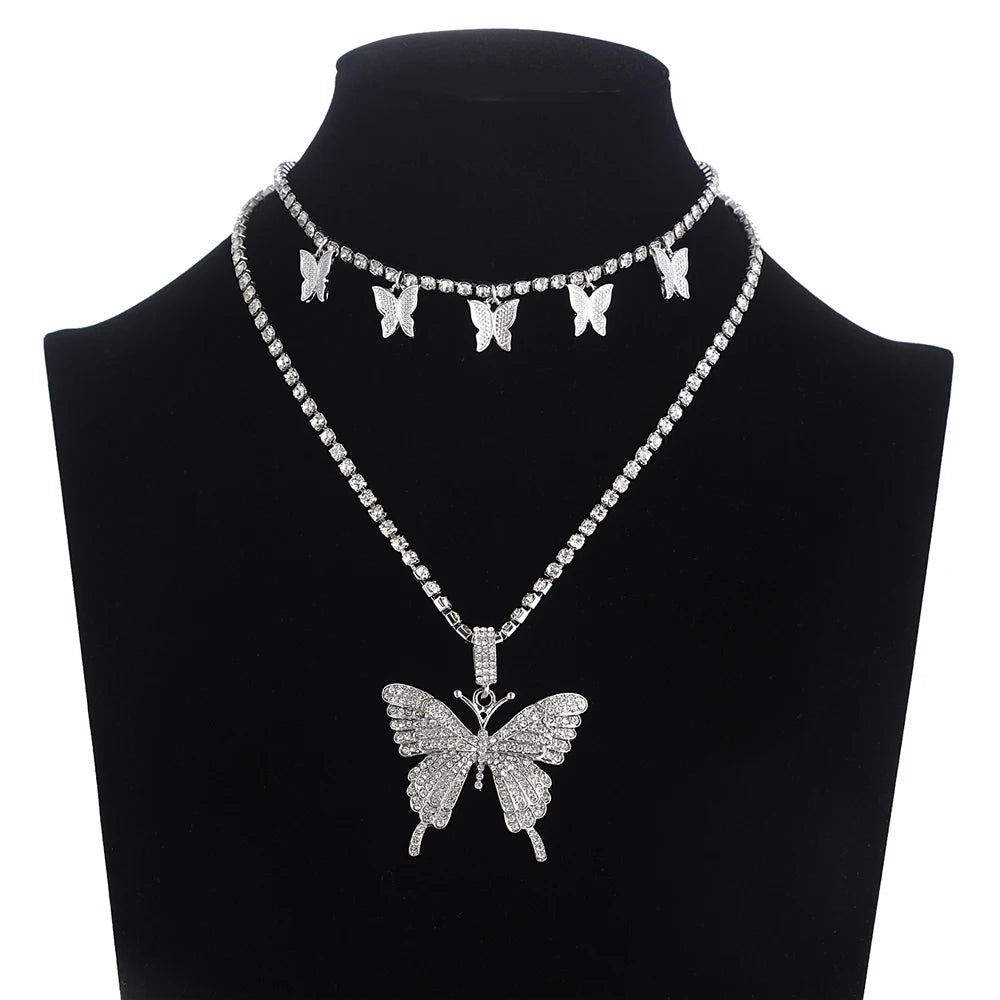 Layered Butterfly Necklace Chain Set Luxury Rhinestones Choker Women Jewellery Pendant Statement Fashion Jewelry Bulk Wholesale