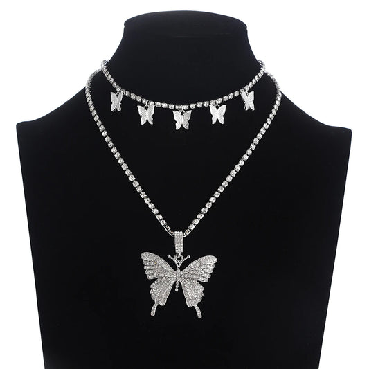 Layered Butterfly Necklace Chain Set Luxury Rhinestones Choker Women Jewellery Pendant Statement Fashion Jewelry Bulk Wholesale