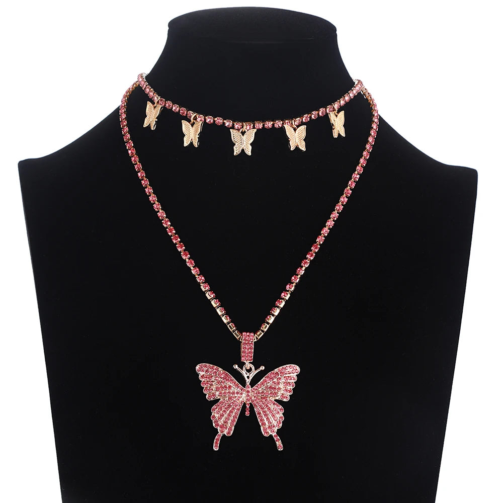 Layered Butterfly Necklace Chain Set Luxury Rhinestones Choker Women Jewellery Pendant Statement Fashion Jewelry Bulk Wholesale