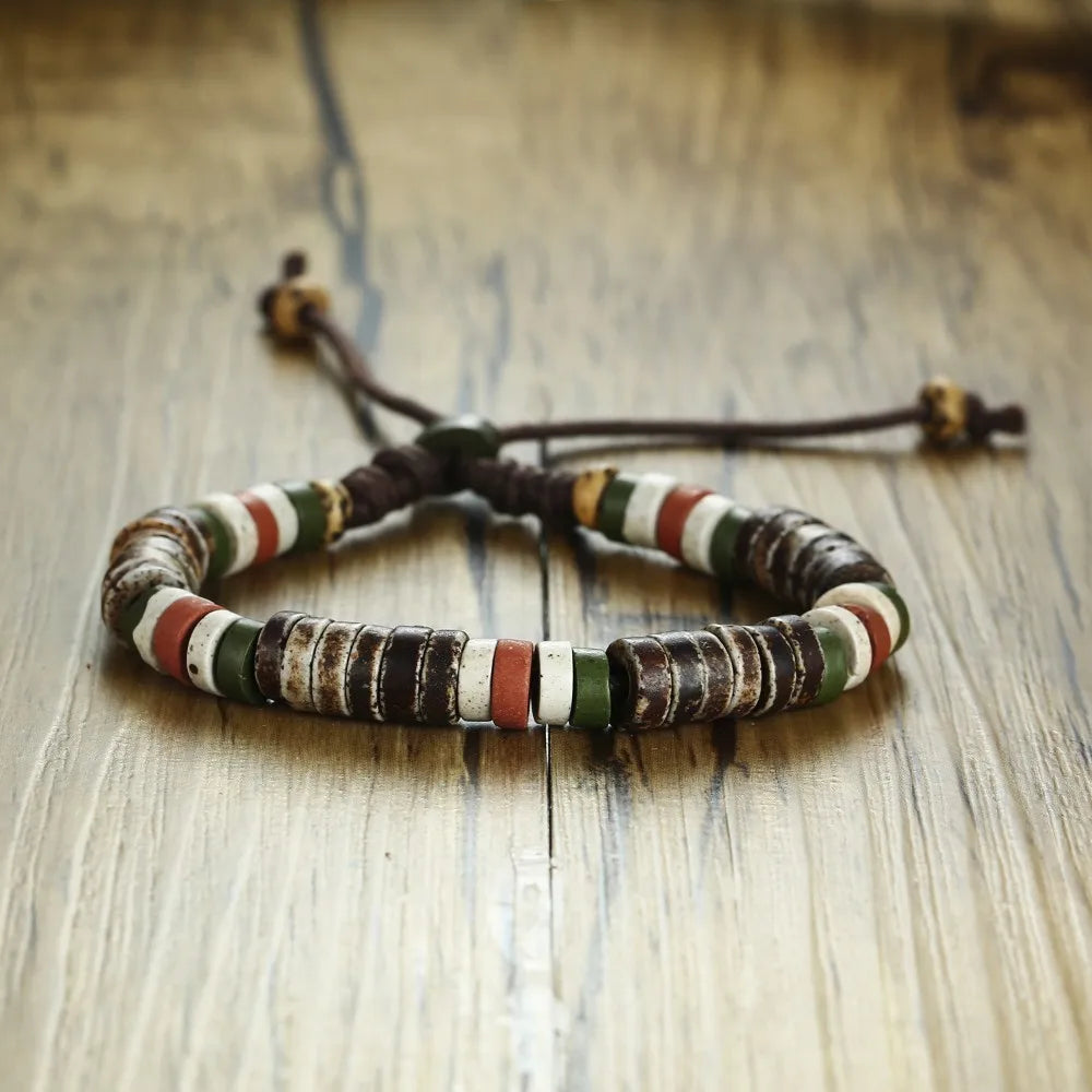 Men's Wood Beaded Bracelet Surfer Bohemian Stacking Bangle Tribal Chic Jewelry Drawstring Jewellery Festival Boho Gypsy