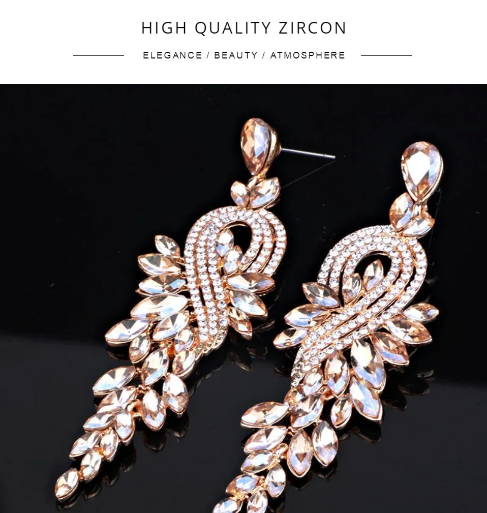 Bridal jewellery Luxury crystal leaf large earrings long drop earrings for women wedding party jewelry accessory