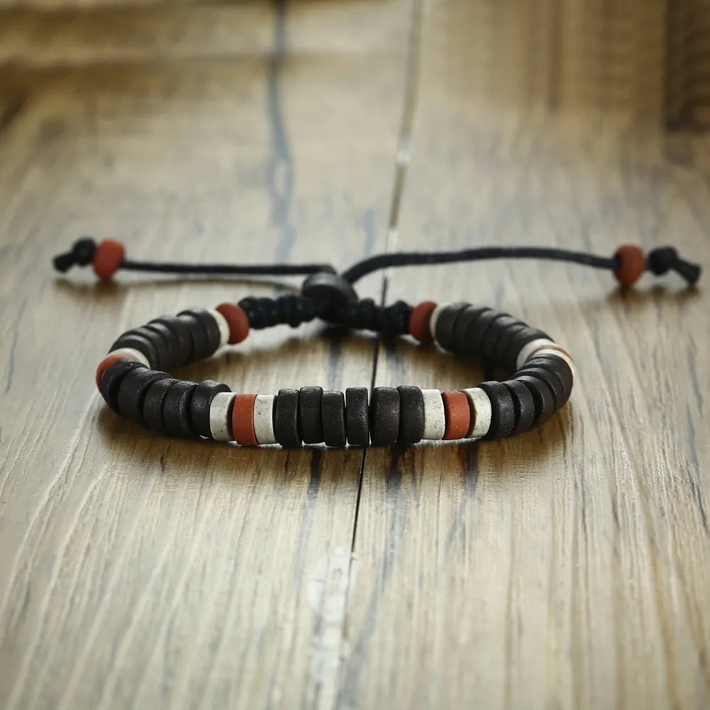 Men's Wood Beaded Bracelet Surfer Bohemian Stacking Bangle Tribal Chic Jewelry Drawstring Jewellery Festival Boho Gypsy