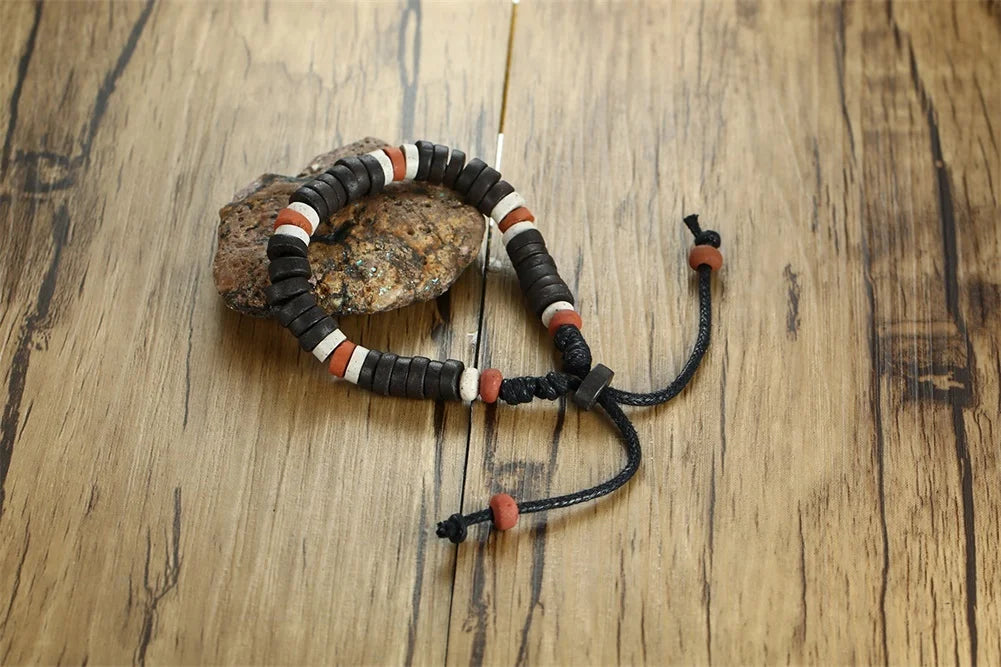 Men's Wood Beaded Bracelet Surfer Bohemian Stacking Bangle Tribal Chic Jewelry Drawstring Jewellery Festival Boho Gypsy