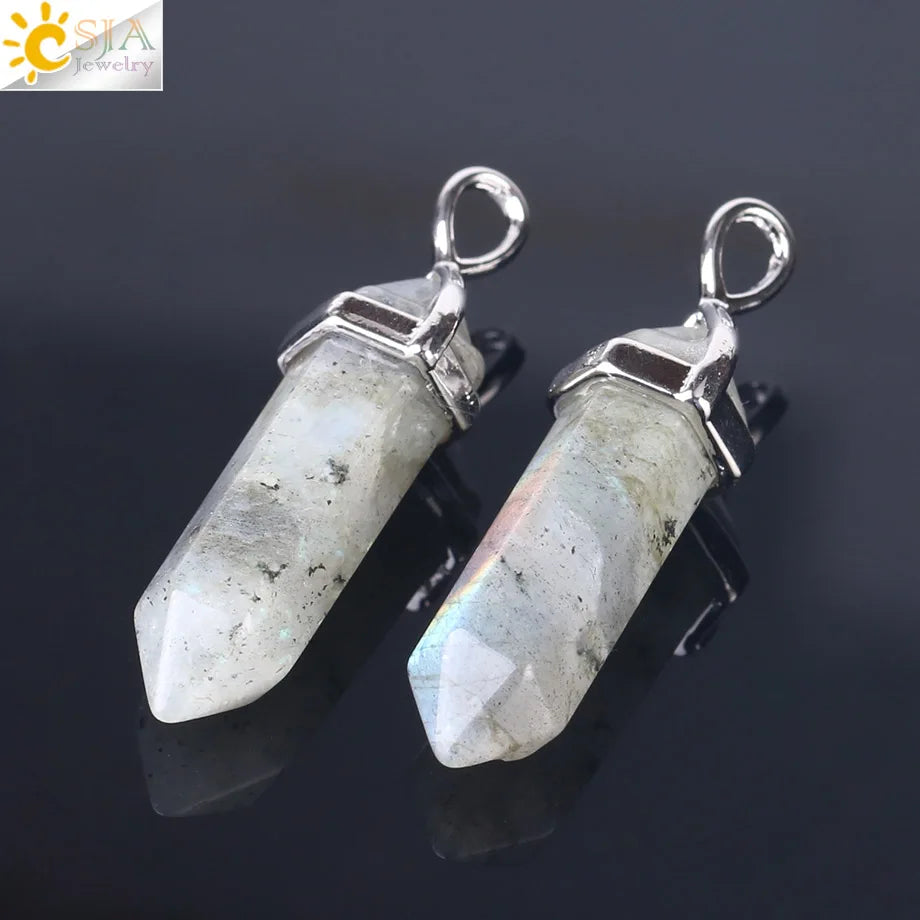 CSJA 1PC Labradorite Pendants Natural Crystal Stone Pendulum for Necklace Hexagonal Point Spectrolite Reiki Jewellery F395