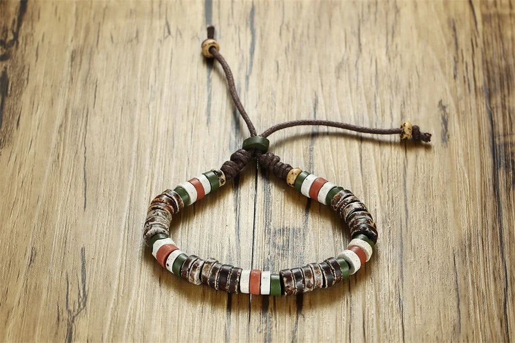 Men's Wood Beaded Bracelet Surfer Bohemian Stacking Bangle Tribal Chic Jewelry Drawstring Jewellery Festival Boho Gypsy