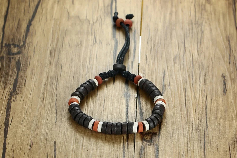 Men's Wood Beaded Bracelet Surfer Bohemian Stacking Bangle Tribal Chic Jewelry Drawstring Jewellery Festival Boho Gypsy