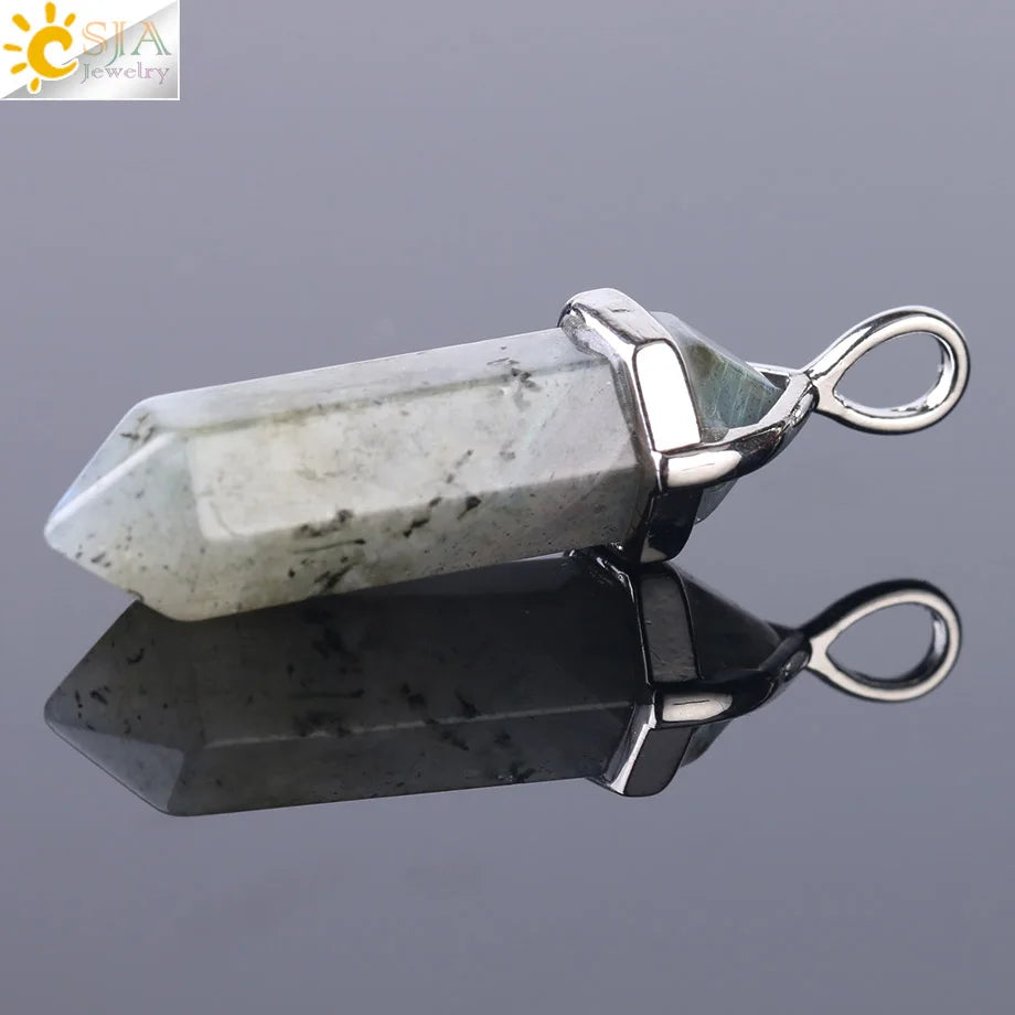 CSJA 1PC Labradorite Pendants Natural Crystal Stone Pendulum for Necklace Hexagonal Point Spectrolite Reiki Jewellery F395