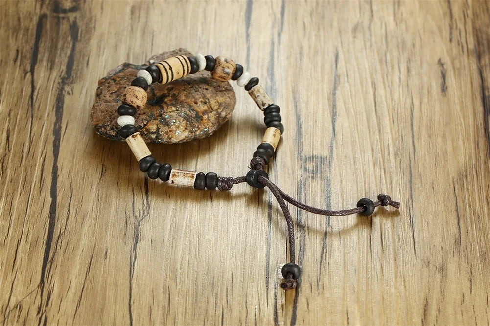 Men's Wood Beaded Bracelet Surfer Bohemian Stacking Bangle Tribal Chic Jewelry Drawstring Jewellery Festival Boho Gypsy