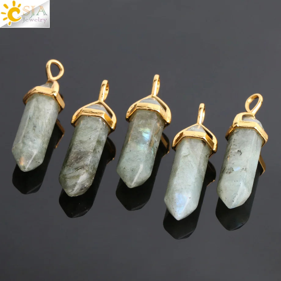 CSJA 1PC Labradorite Pendants Natural Crystal Stone Pendulum for Necklace Hexagonal Point Spectrolite Reiki Jewellery F395