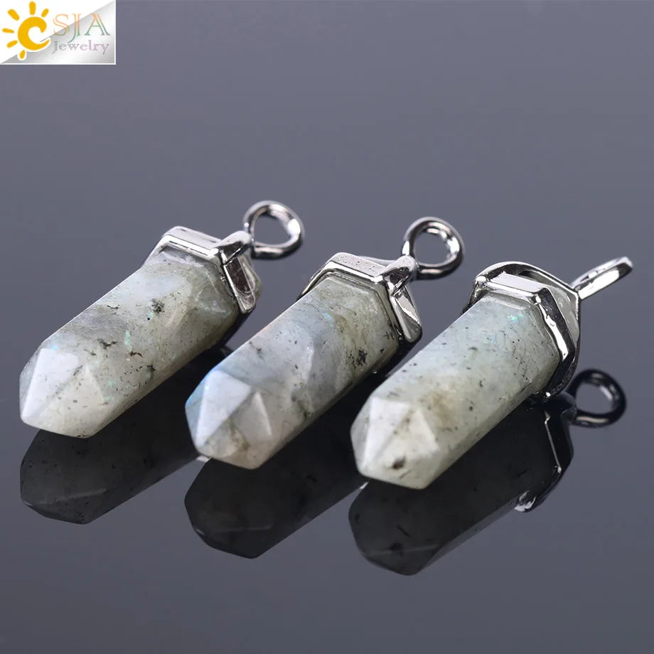 CSJA 1PC Labradorite Pendants Natural Crystal Stone Pendulum for Necklace Hexagonal Point Spectrolite Reiki Jewellery F395