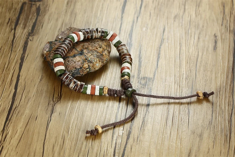 Men's Wood Beaded Bracelet Surfer Bohemian Stacking Bangle Tribal Chic Jewelry Drawstring Jewellery Festival Boho Gypsy