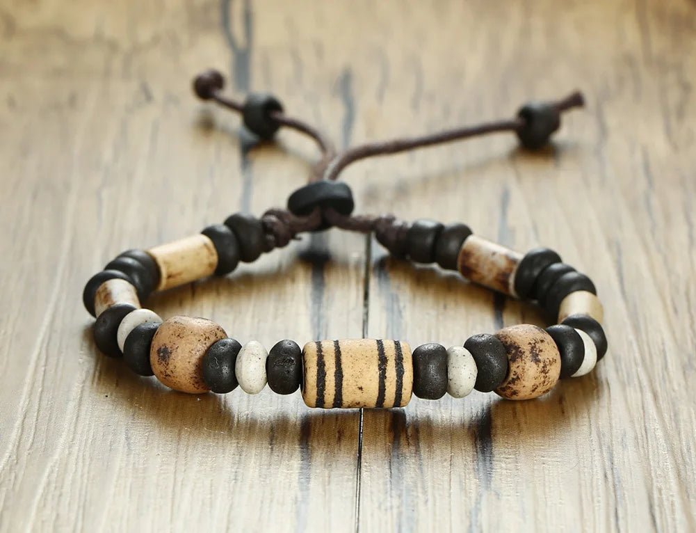 Men's Wood Beaded Bracelet Surfer Bohemian Stacking Bangle Tribal Chic Jewelry Drawstring Jewellery Festival Boho Gypsy