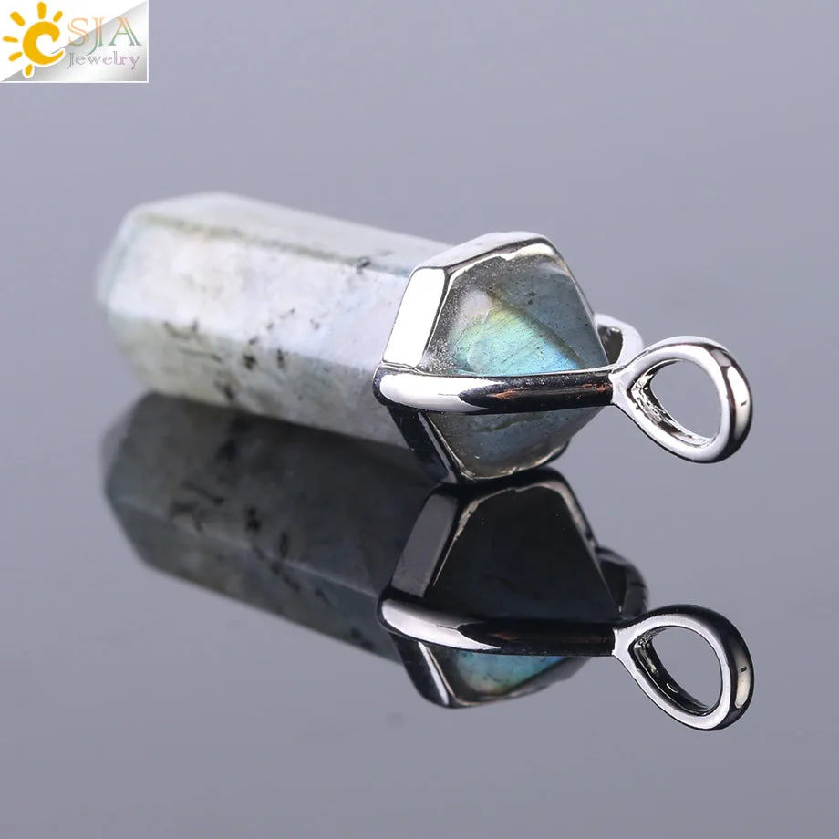 CSJA 1PC Labradorite Pendants Natural Crystal Stone Pendulum for Necklace Hexagonal Point Spectrolite Reiki Jewellery F395