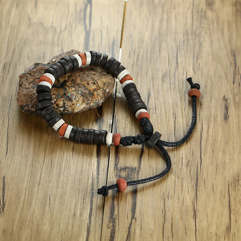 Men's Wood Beaded Bracelet Surfer Bohemian Stacking Bangle Tribal Chic Jewelry Drawstring Jewellery Festival Boho Gypsy