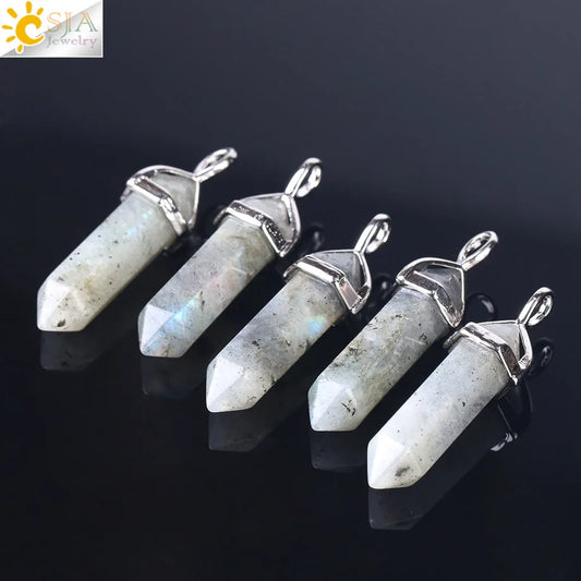 CSJA 1PC Labradorite Pendants Natural Crystal Stone Pendulum for Necklace Hexagonal Point Spectrolite Reiki Jewellery F395