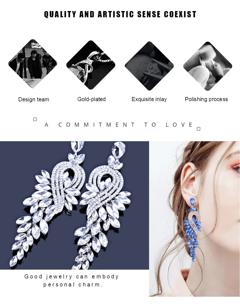 Bridal jewellery Luxury crystal leaf large earrings long drop earrings for women wedding party jewelry accessory