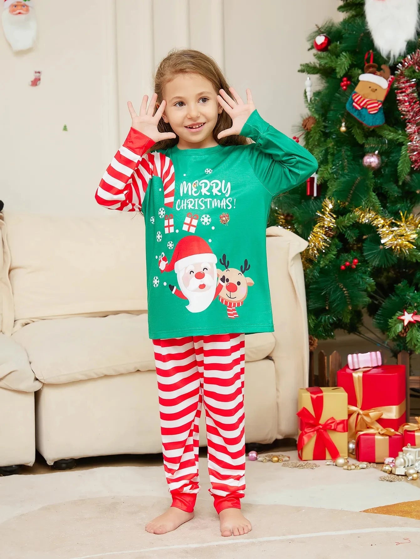 Xmas Family Matching Clothing Christmas Pajamas Outfits 2024 New Year Fashion Green Santa Claus Print Adult Kid Baby Pajamas Set