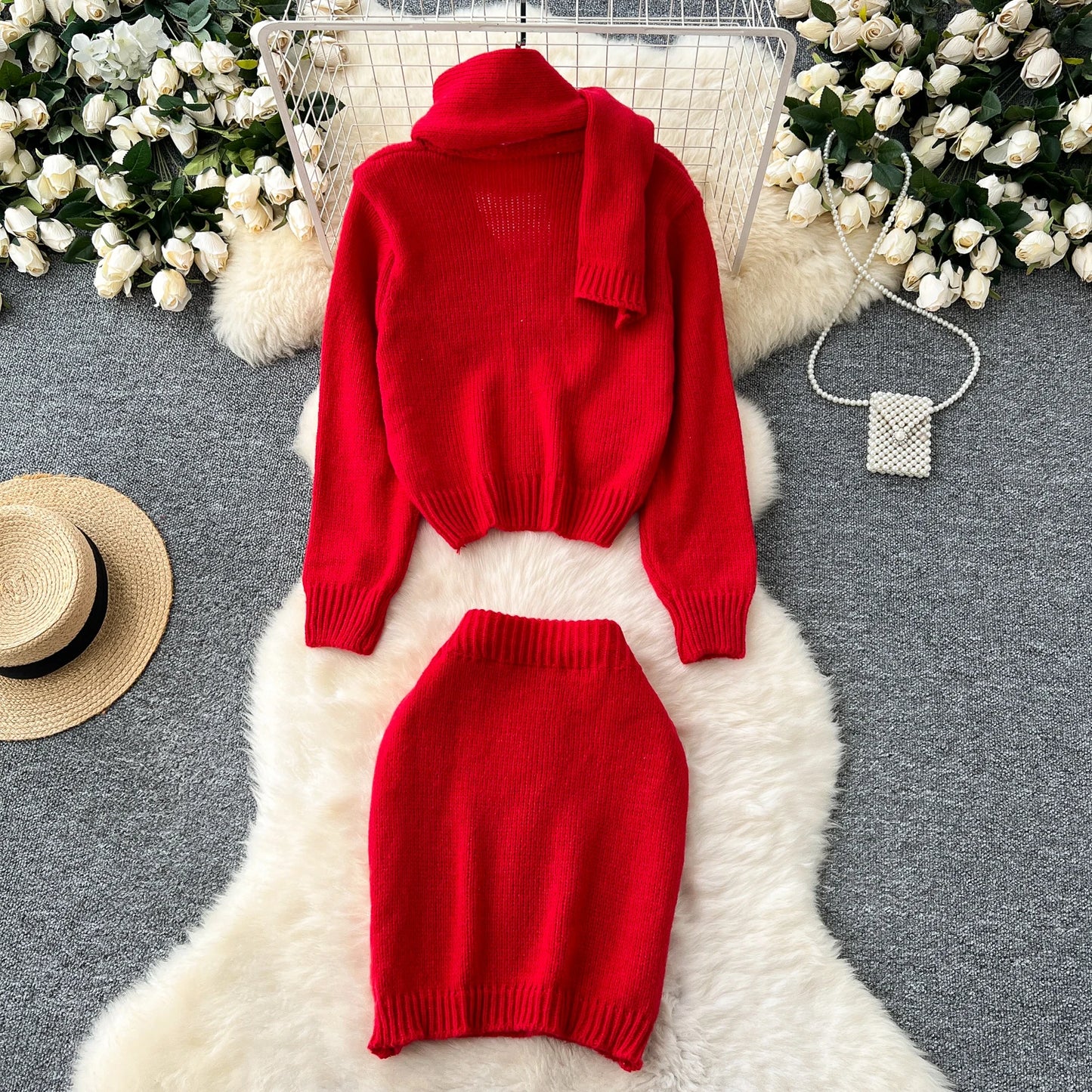 Autumn Winter Elegant Knitted Sets For Women 2 Pieces Outfit Loose Sweater Cardigan Tops And Mini Skirt Set New In Matching Sets