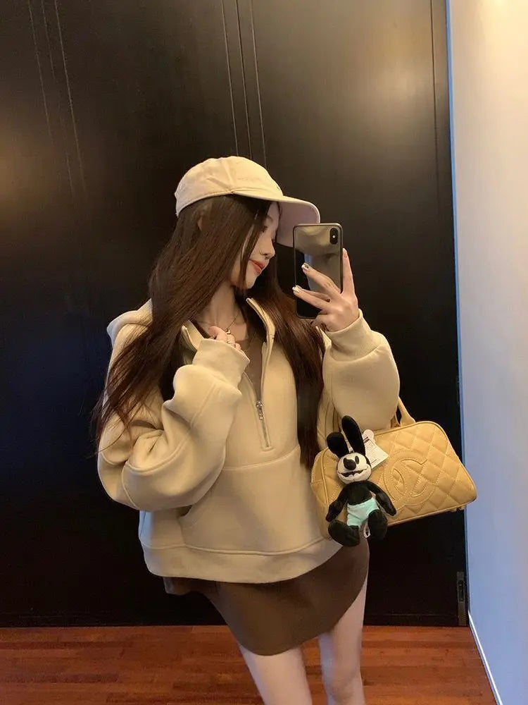 2 Piece Sets Women Outfits Long Sleeve T-shirts Hooded Pockets Hoodies Autumn Loose Vintage Casual Streetwear Lazy All-match Ins