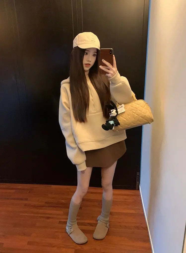 2 Piece Sets Women Outfits Long Sleeve T-shirts Hooded Pockets Hoodies Autumn Loose Vintage Casual Streetwear Lazy All-match Ins