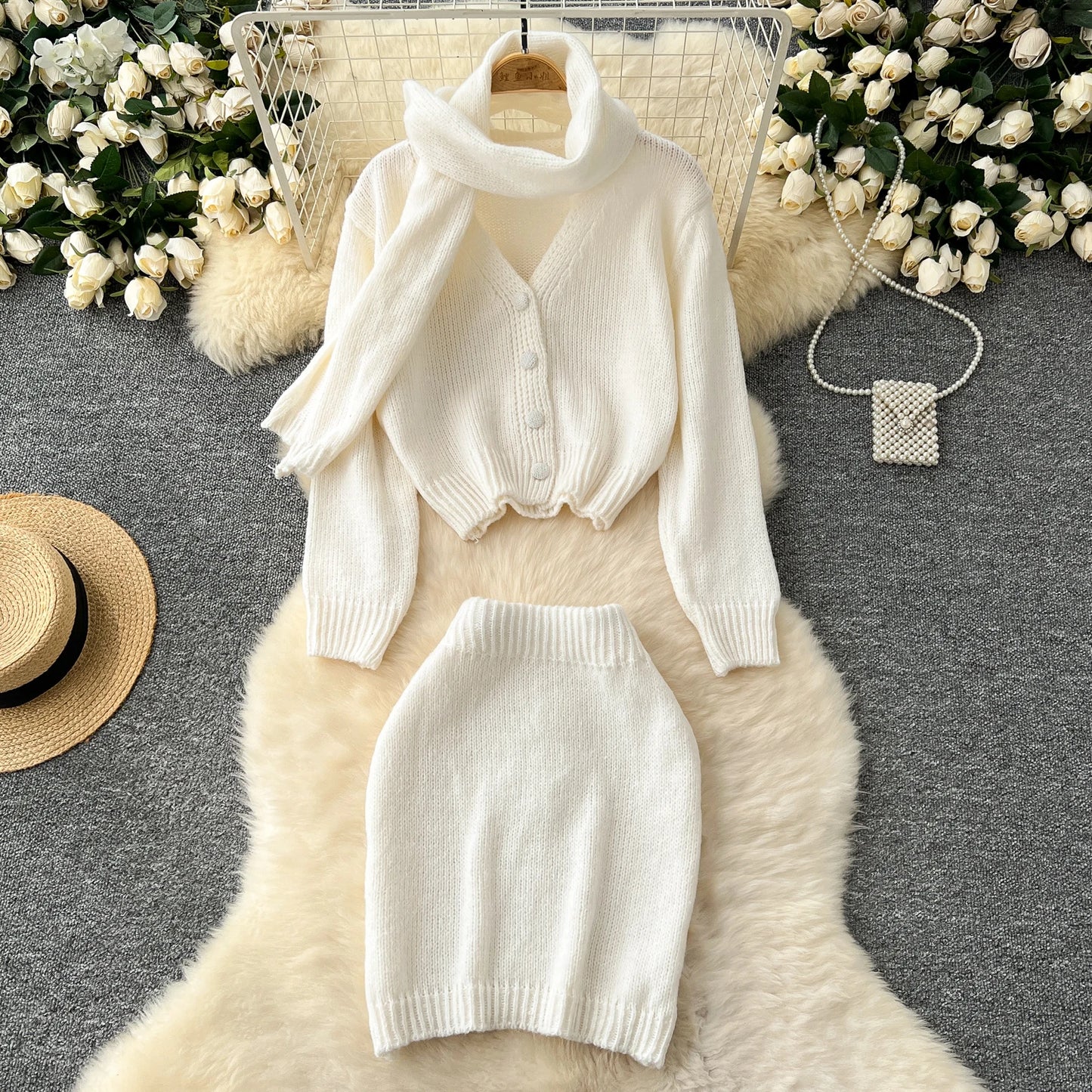 Autumn Winter Elegant Knitted Sets For Women 2 Pieces Outfit Loose Sweater Cardigan Tops And Mini Skirt Set New In Matching Sets