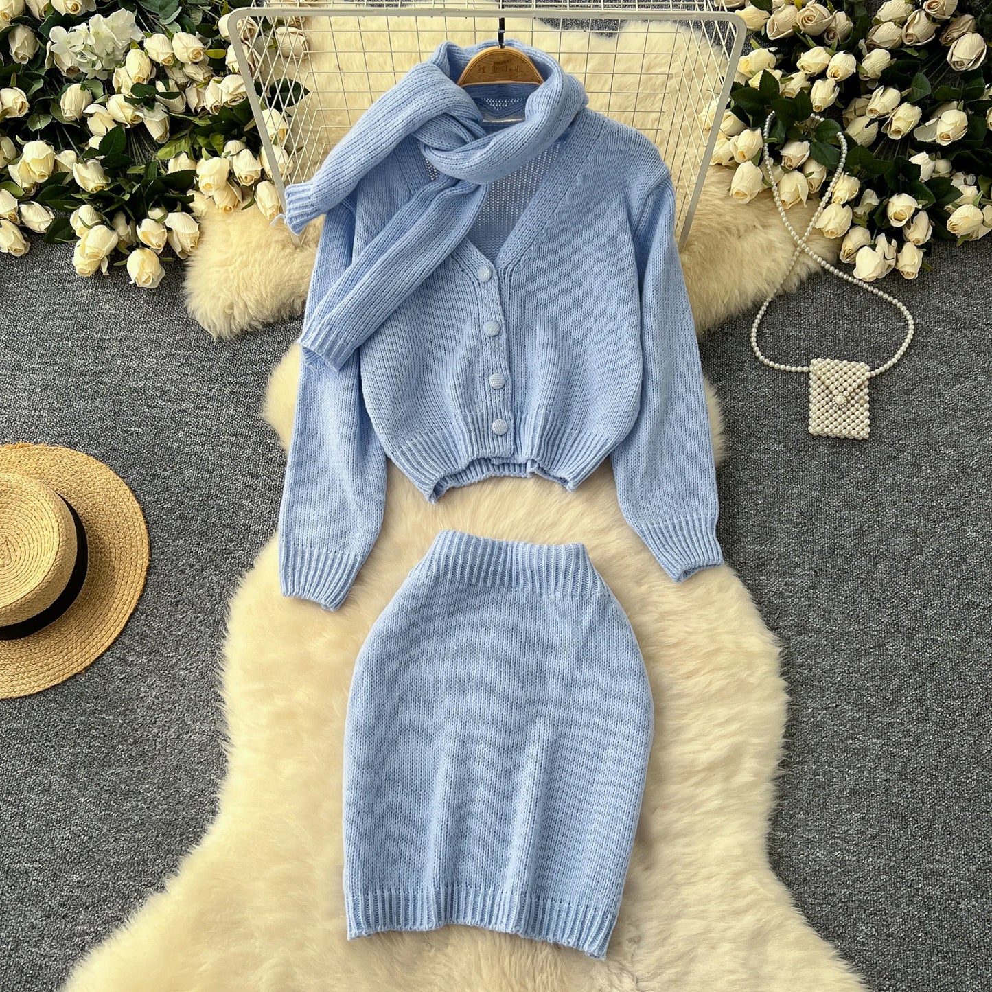 Autumn Winter Elegant Knitted Sets For Women 2 Pieces Outfit Loose Sweater Cardigan Tops And Mini Skirt Set New In Matching Sets