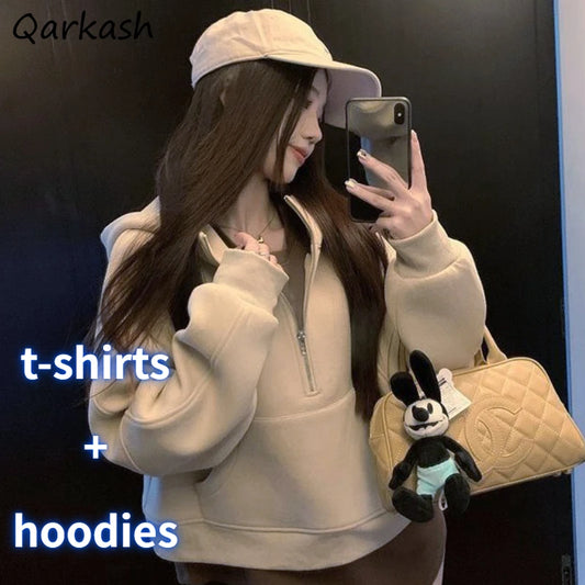 2 Piece Sets Women Outfits Long Sleeve T-shirts Hooded Pockets Hoodies Autumn Loose Vintage Casual Streetwear Lazy All-match Ins