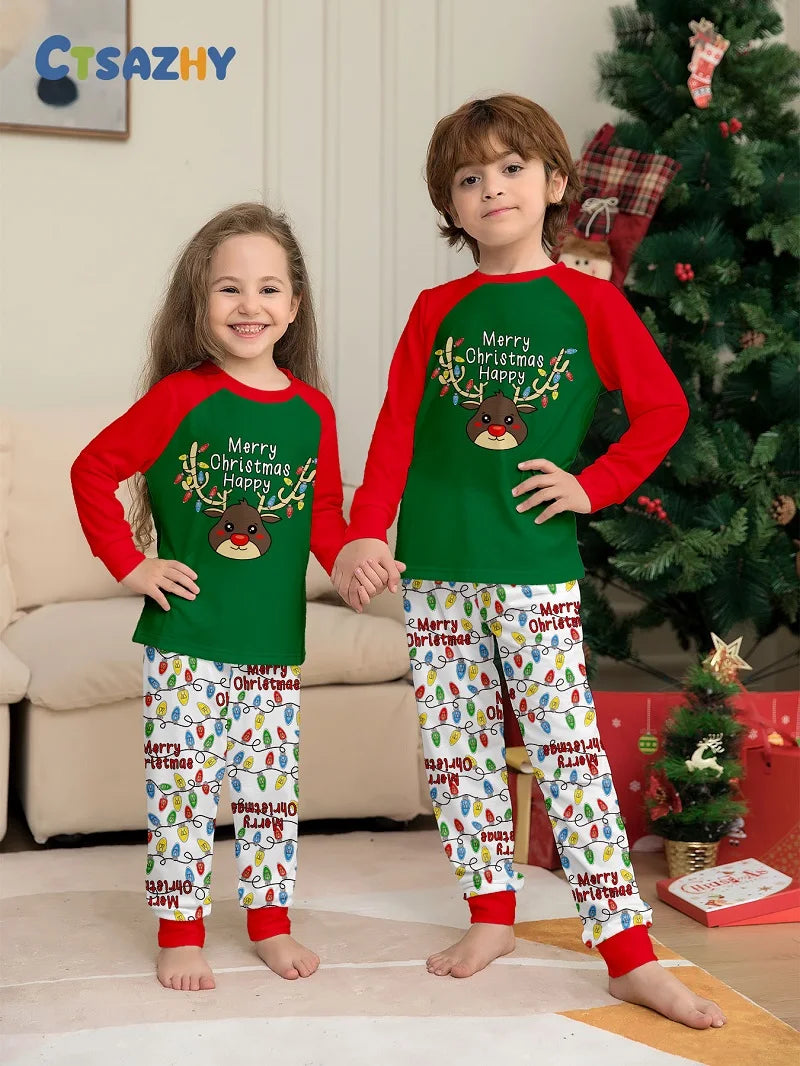 2025 Christmas Family Matching Pajamas Merry Xmas Deer Adult Kid Baby Outfits Tops+Pants 2PCS Xmas Sleepwear Pyjamas Dog Clothes