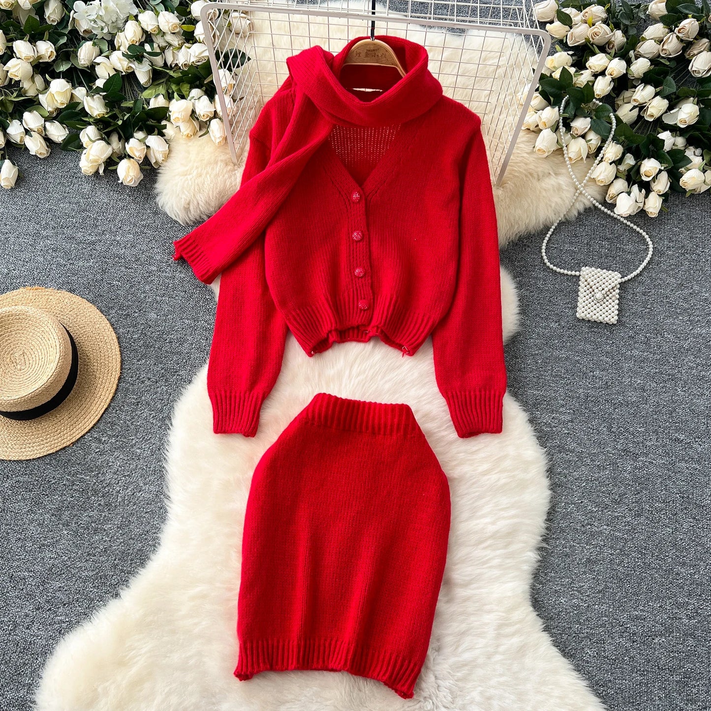 Autumn Winter Elegant Knitted Sets For Women 2 Pieces Outfit Loose Sweater Cardigan Tops And Mini Skirt Set New In Matching Sets