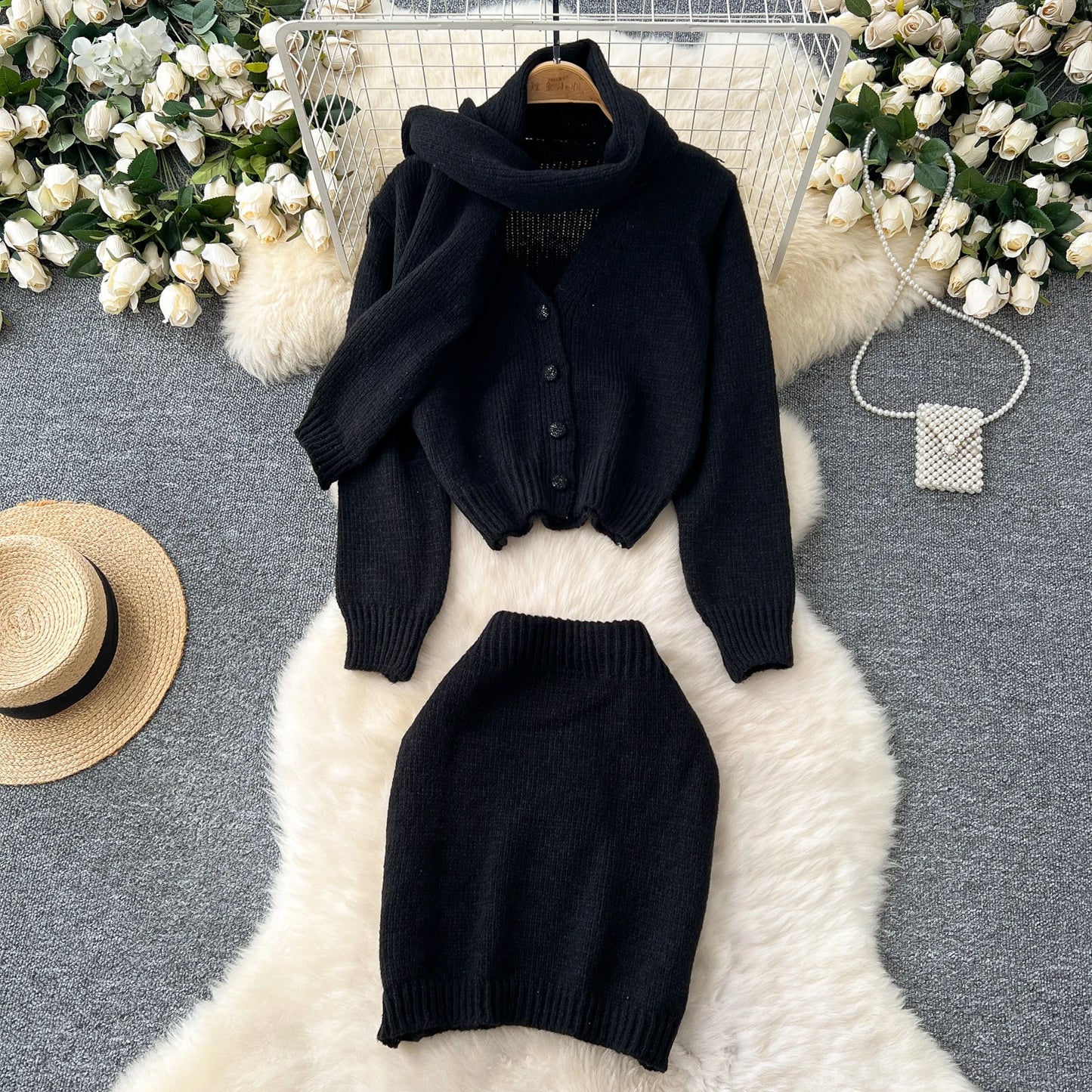 Autumn Winter Elegant Knitted Sets For Women 2 Pieces Outfit Loose Sweater Cardigan Tops And Mini Skirt Set New In Matching Sets