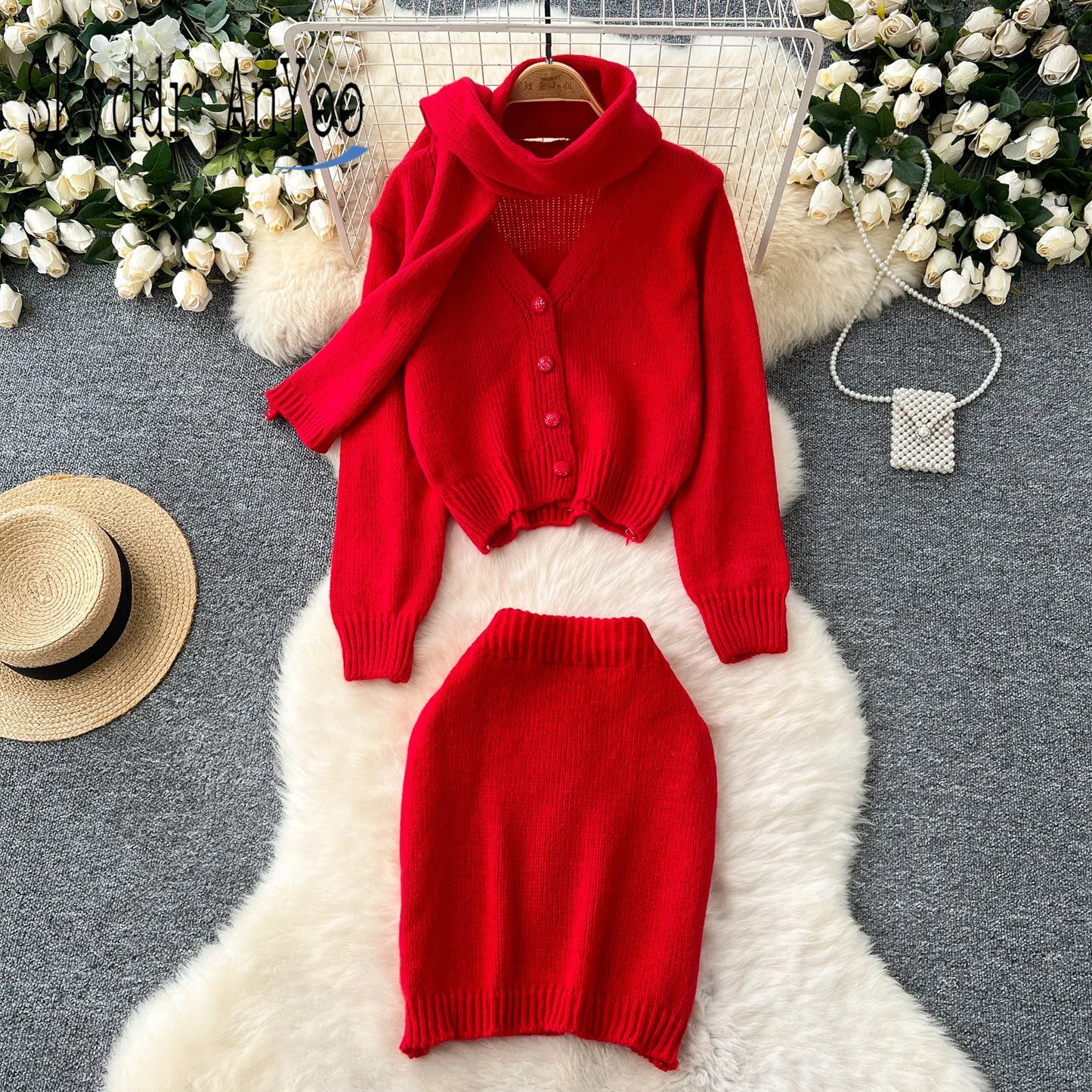 Autumn Winter Elegant Knitted Sets For Women 2 Pieces Outfit Loose Sweater Cardigan Tops And Mini Skirt Set New In Matching Sets