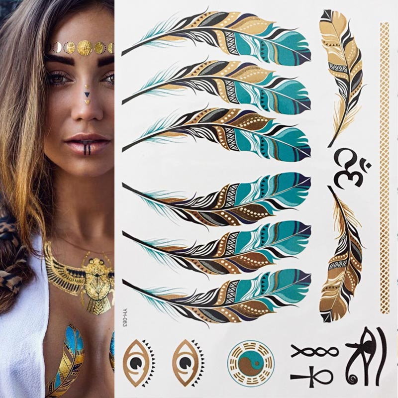 Gold Feathers Shimmering Jewellery Festival Temporary Tattoo